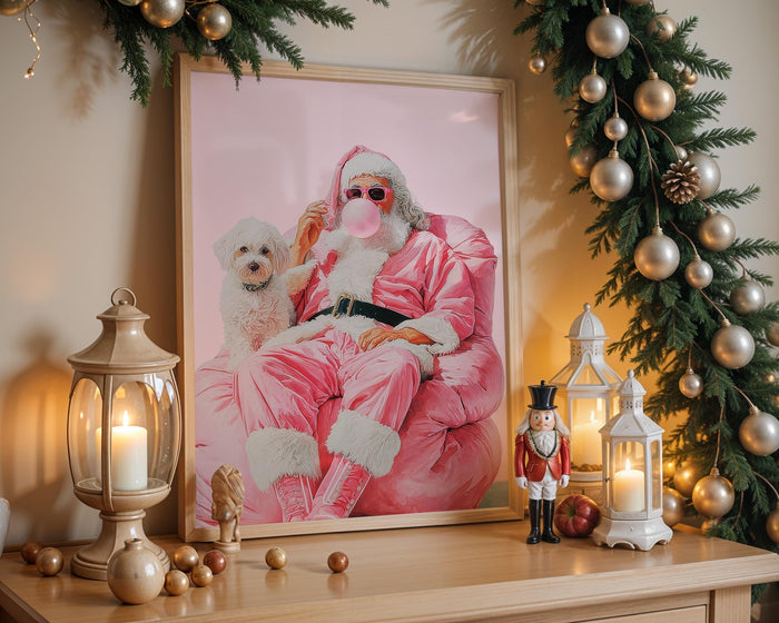 Funny Pink Santa Wall Art Set of 3, Cool Christmas Posters, Trendy Holiday Decor, Cute Dog Santa Print, Dorm Room Christmas Bundle DIGITAL