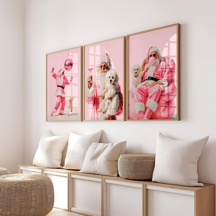 Funny Pink Santa Wall Art Set of 3, Cool Christmas Posters, Trendy Holiday Decor, Cute Dog Santa Print, Dorm Room Christmas Bundle DIGITAL