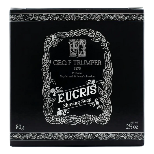 Framside av Geo F. Trumper Eucris barbersåpe refill boks med hvit ramme