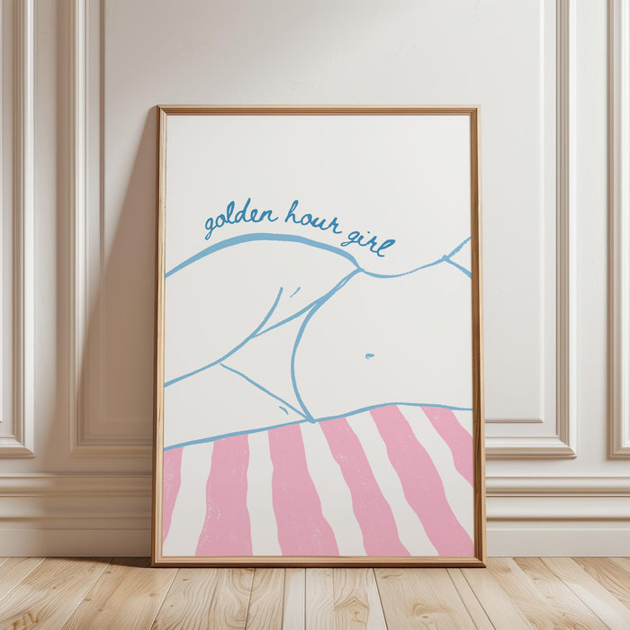 Golden Hour Girl Beach Print, Coastal Summer Wall Art, Preppy Beach Poster, Pink Blue Beach Decor, Minimal Coastal Aesthetic Wall Art
