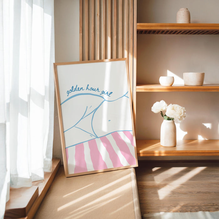 Golden Hour Girl Beach Print, Coastal Summer Wall Art, Preppy Beach Poster, Pink Blue Beach Decor, Minimal Coastal Aesthetic Wall Art