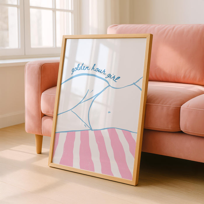 Golden Hour Girl Beach Print, Coastal Summer Wall Art, Preppy Beach Poster, Pink Blue Beach Decor, Minimal Coastal Aesthetic Wall Art