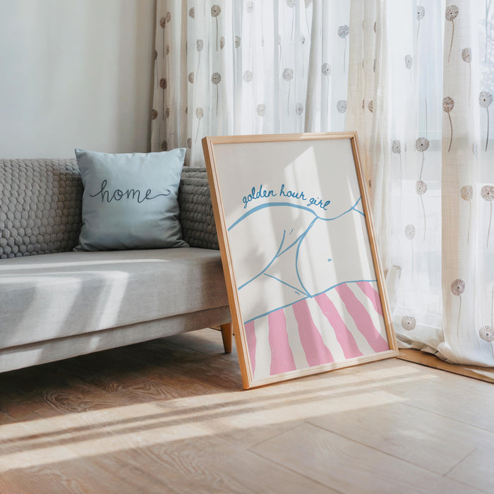 Golden Hour Girl Beach Print, Coastal Summer Wall Art, Preppy Beach Poster, Pink Blue Beach Decor, Minimal Coastal Aesthetic Wall Art