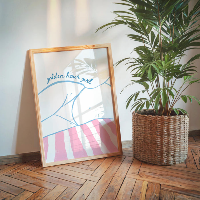 Golden Hour Girl Beach Print, Coastal Summer Wall Art, Preppy Beach Poster, Pink Blue Beach Decor, Minimal Coastal Aesthetic Wall Art