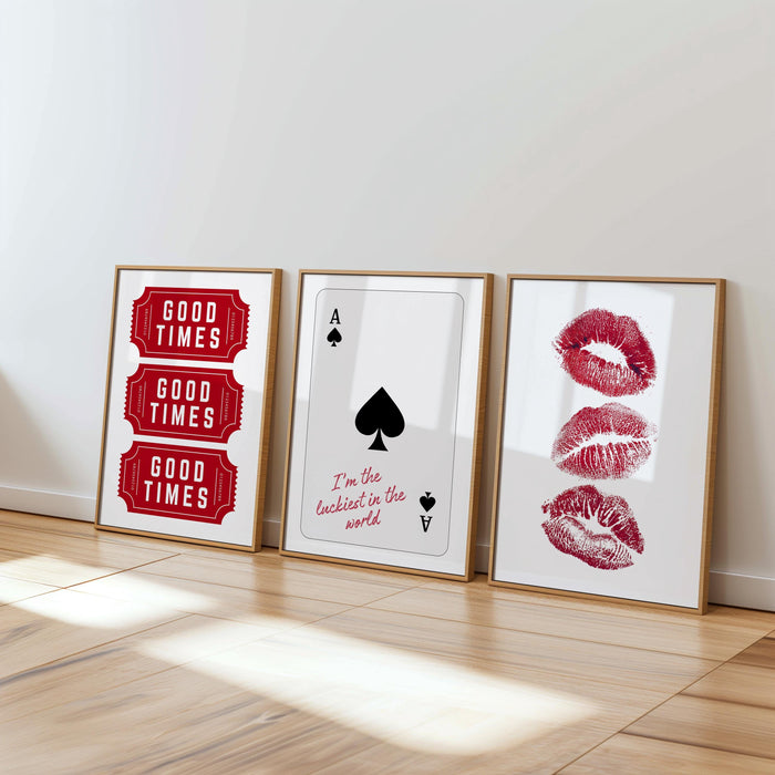 Good Times Wall Art Set, Playing Card Quote Print, Ace of Spades Poster, Red Lips Art, Modern Bar Decor, Romantic Statement Prints