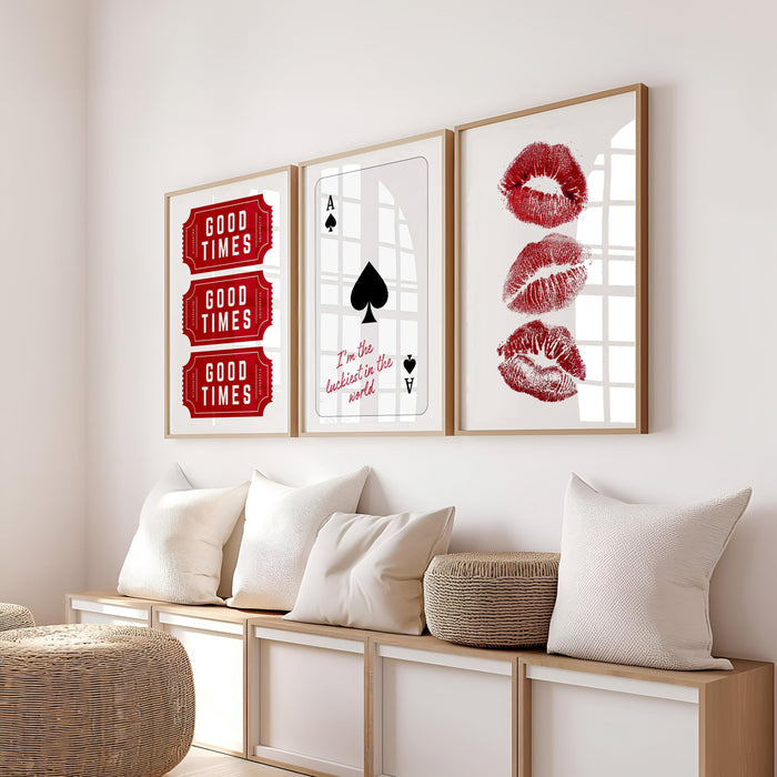 Good Times Wall Art Set, Playing Card Quote Print, Ace of Spades Poster, Red Lips Art, Modern Bar Decor, Romantic Statement Prints