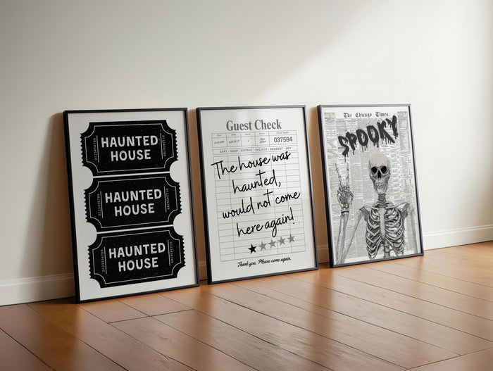 Haunted House Ticket Stub Print, Spooky Newspaper Wall Art, Trendy Guest Check Poster, Skeleton Halloween Decor Gothic Printable Set DIGITAL