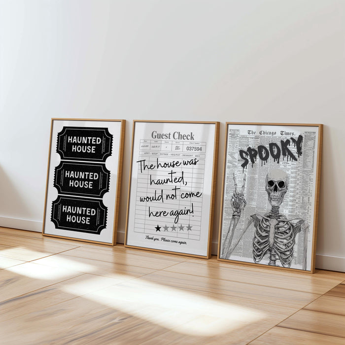 Haunted House Ticket Stub Print, Spooky Newspaper Wall Art, Trendy Guest Check Poster, Skeleton Halloween Decor Gothic Printable Set DIGITAL
