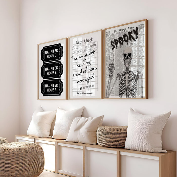 Haunted House Ticket Stub Print, Spooky Newspaper Wall Art, Trendy Guest Check Poster, Skeleton Halloween Decor Gothic Printable Set DIGITAL