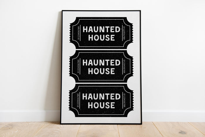 Haunted House Ticket Stub Print, Spooky Newspaper Wall Art, Trendy Guest Check Poster, Skeleton Halloween Decor Gothic Printable Set DIGITAL