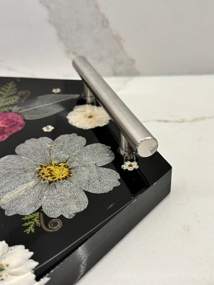 Hexagon Pressed Flower Resin Tray with Handles - Dark Gray Black Onyx