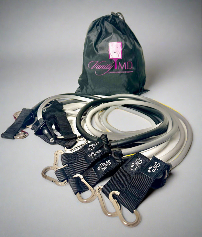 Exercise resistance band set for full-body workouts at home or while traveling