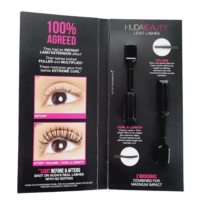 Huda Beauty LEGIT LASHES Double-Ended Volumizing and Lengthening Mascara Samples