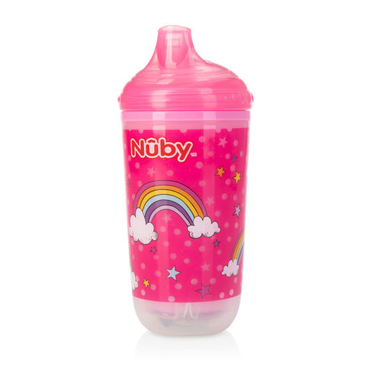 The Nuby Insulated Light-Up Easy Sip Cup features a pink design with rainbows, clouds, stars, and polka dots. It includes a lid, No Spill bite resistant spout, and insulated walls to help keep drinks cooler for longer.