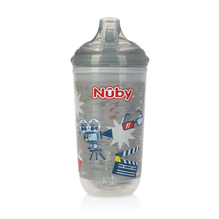A gray Nuby Insulated Light-Up Easy Sip Cup with a transparent body, movie-themed graphics, and the Nuby logo. It features a No Spill, bite-resistant spout to keep drinks cooler.