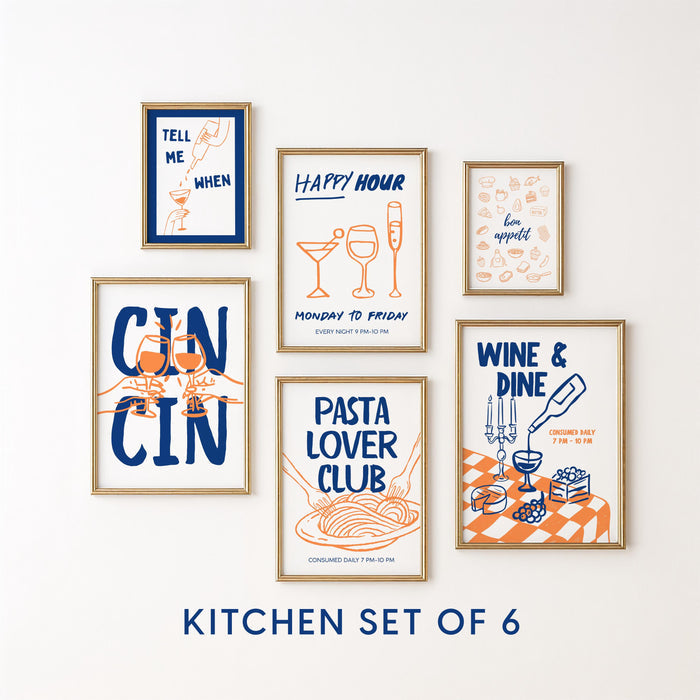 Italian Kitchen Wall Art Set of 6, Wine and Pasta Printable Bundle, Happy Hour Bar Cart Prints, Navy Orange Kitchen Decor, Wine Lover Gift