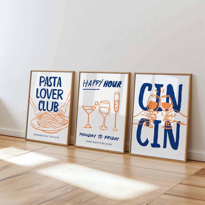 Italian Kitchen Wall Art Set of 6, Wine and Pasta Printable Bundle, Happy Hour Bar Cart Prints, Navy Orange Kitchen Decor, Wine Lover Gift