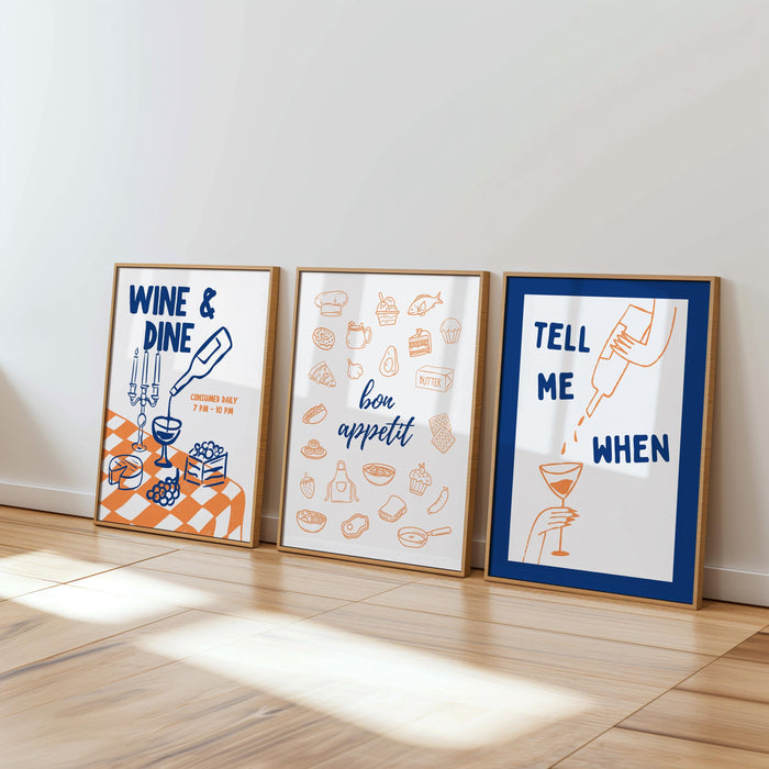 Italian Kitchen Wall Art Set of 6, Wine and Pasta Printable Bundle, Happy Hour Bar Cart Prints, Navy Orange Kitchen Decor, Wine Lover Gift