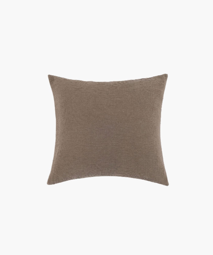 Square taupe cotton sham with a clean knife edge and soft crinkled texture on a white background.