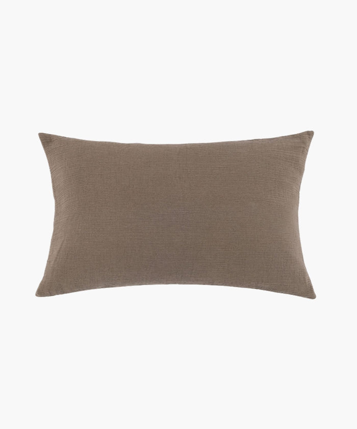 Rectangular taupe cotton sham with a clean knife edge and soft crinkled texture on a white background.