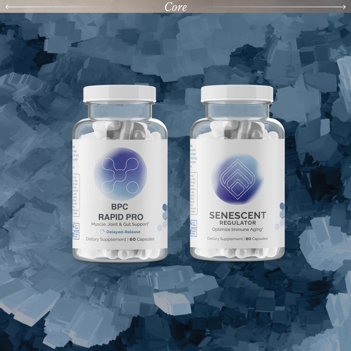 InfiniWell Core Joint Comfort & Movement protocol featuring BPC Rapid Pro and Senescent Regulator supplements on a textured blue background