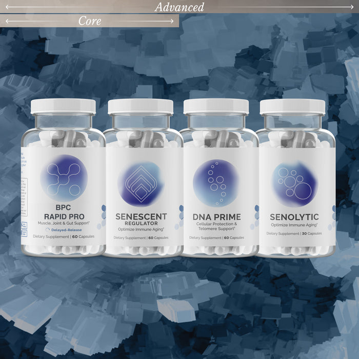 InfiniWell joint health protocol featuring BPC Rapid Pro, Senescent Regulator, DNA Prime, and Senolytic bottles