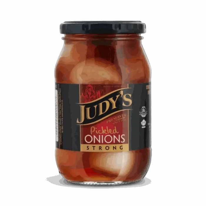 Judy’s Strong Pickled Onions 410g jar with bold, crunchy pickled onions for cheese and cold meats