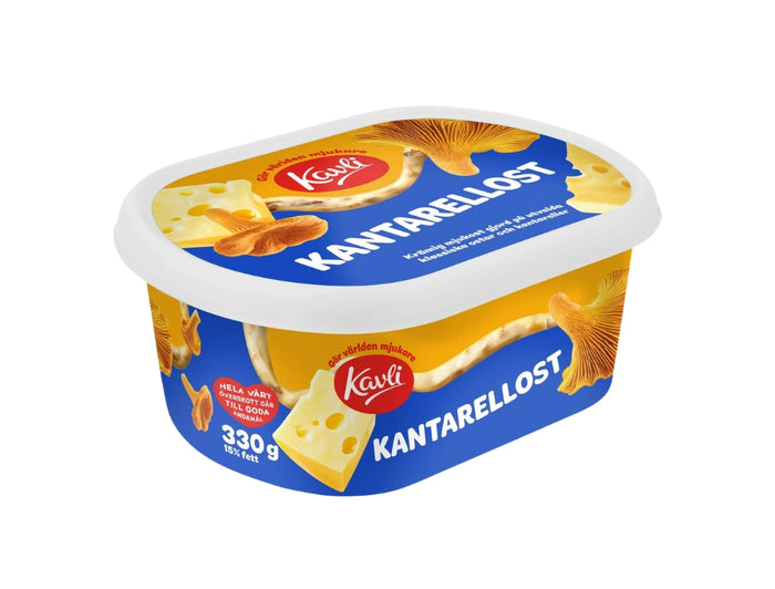 Kavli KantarellOst 330g – blue and yellow Swedish chanterelle cream cheese spread tub with Kavli logo, golden chanterelle mushroom and cheese illustrations, 15% fat, 330g, produced in Sweden, EAN 7311441343803
