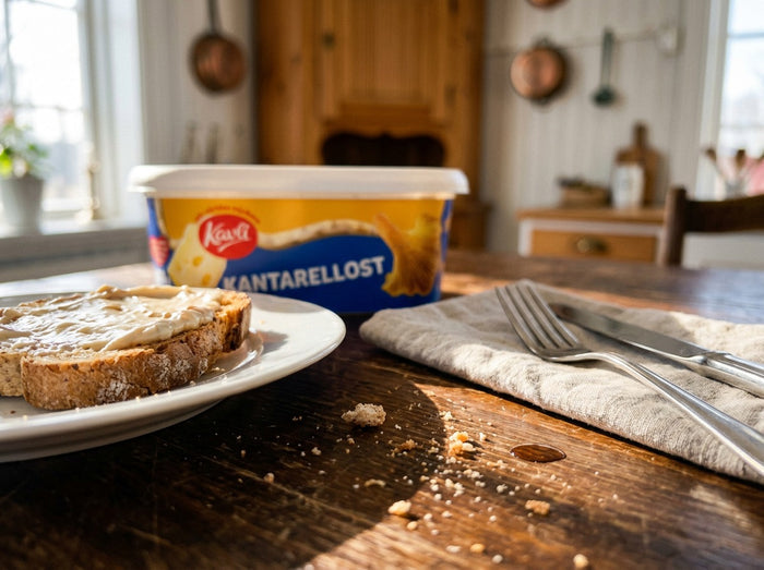 Kavli KantarellOst 330g tub on a rustic wooden dining table beside a white plate with a slice of crispbread spread with creamy chanterelle cheese, Swedish kitchen interior with copper pots in background