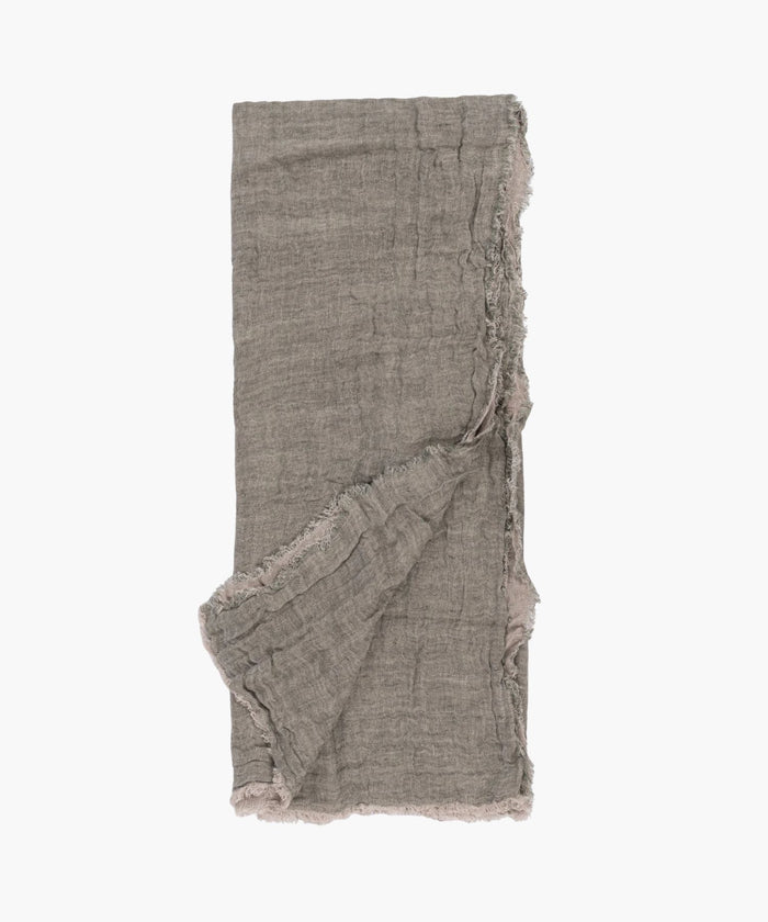 Flat lay of the Kent Super Throw in natural greenish brown linen tone, highlighting its oversized linen gauze texture and soft fringed edges.
