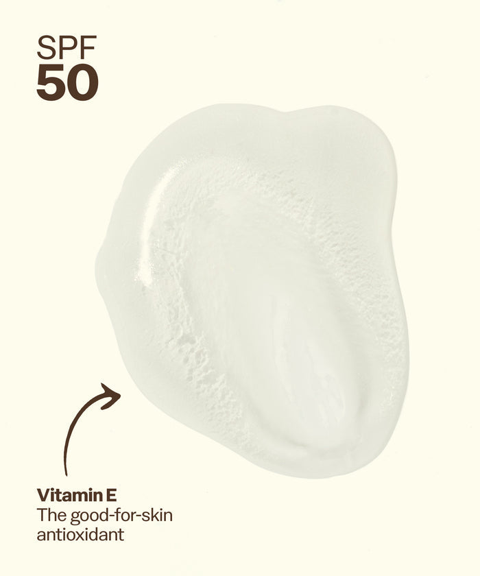 White sunscreen gel with SPF 50 and vitamin E text on a white background. Vitamin E The good-for-skin antioxidant.