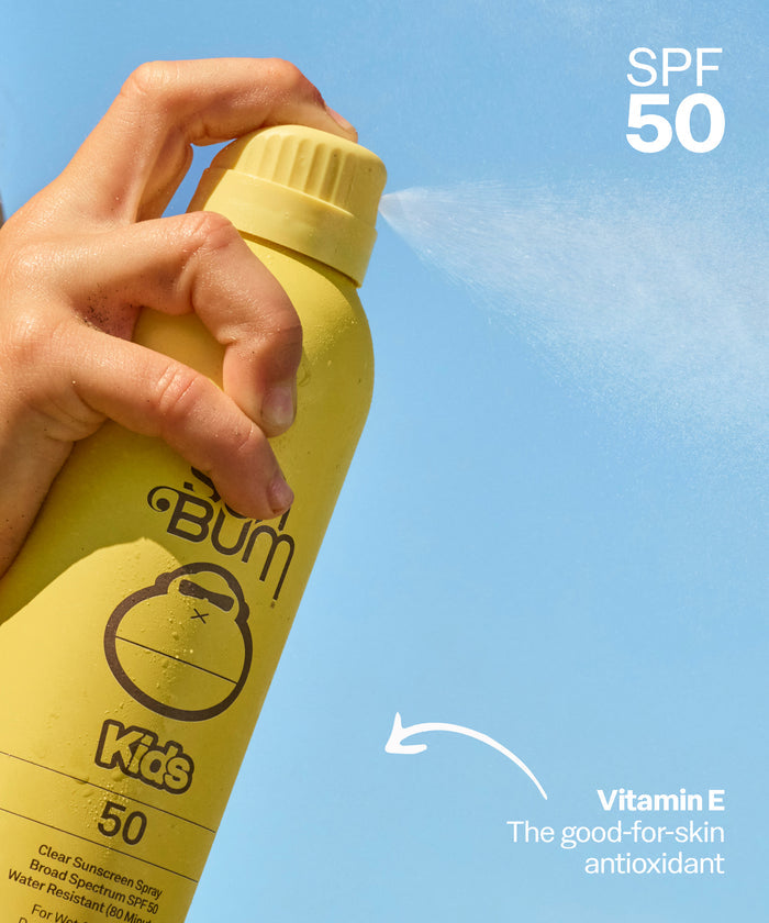 Yellow sunscreen spray bottle with 'Bum Kids' branding against a blue sky.Vitamin E
The good-for-skin antioxidant.
