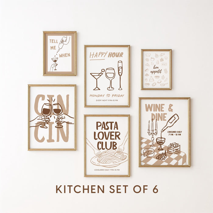 Kitchen Wall Art Set of 6, Cin Cin Wine Posters, Pasta Lover Club Art, Happy Hour Dining Decor, Neutral Kitchen Prints, Bar Cart Bundle