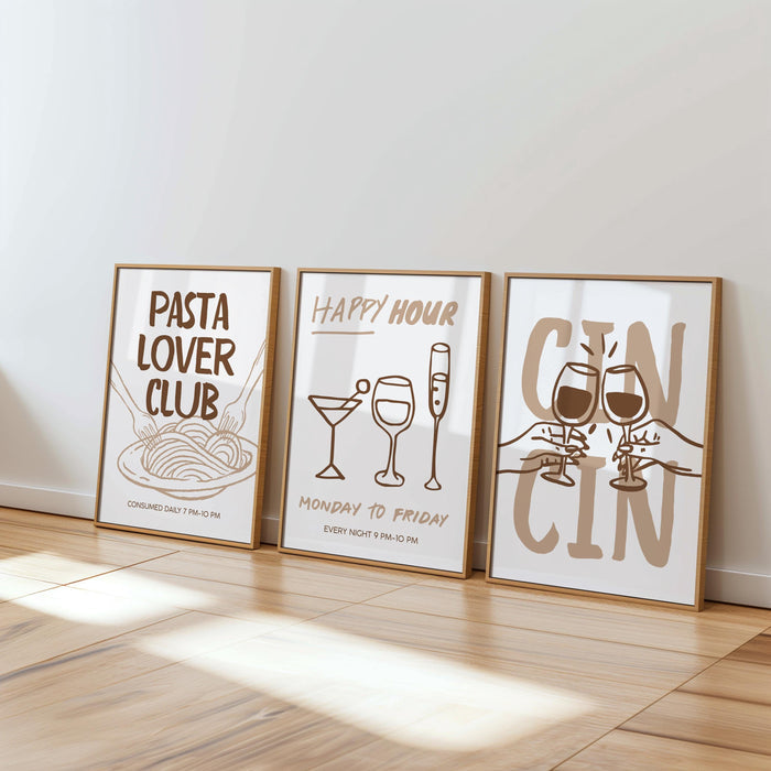 Kitchen Wall Art Set of 6, Cin Cin Wine Posters, Pasta Lover Club Art, Happy Hour Dining Decor, Neutral Kitchen Prints, Bar Cart Bundle