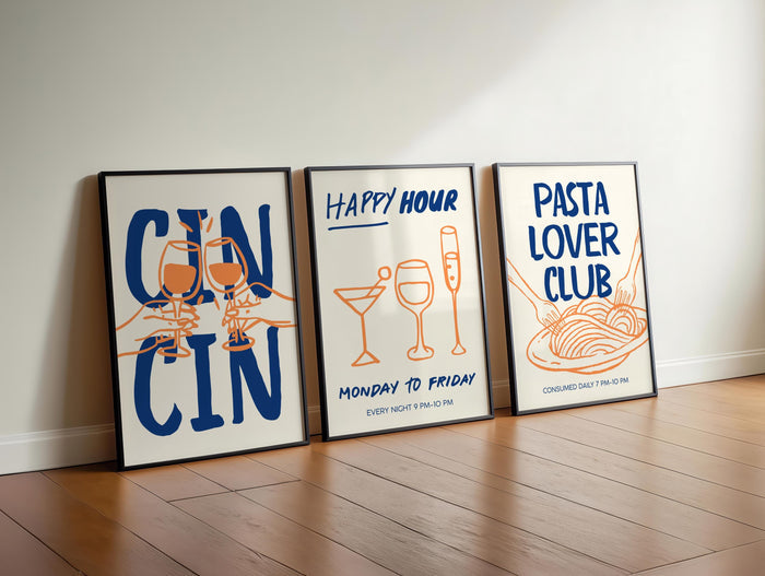 Set of 3 Kitchen Wall Art, Trendy Cin Cin Cheers Print, Retro Happy Hour Poster, Pasta Lover Food Print, Fun Bar Cart Gift DIGITAL DOWNLOAD