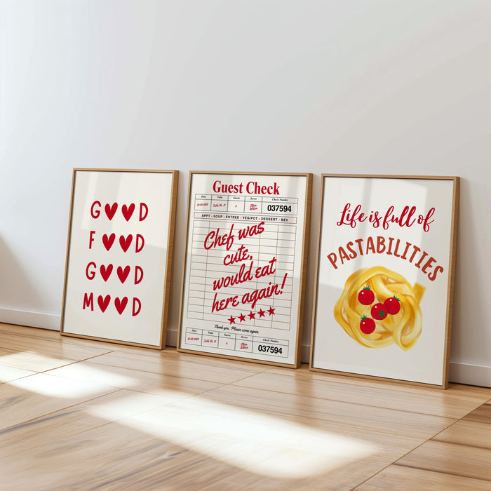 Aesthetic Kitchen Prints Set of 3 Life is Full of Pastabilities Red Kitchen Decor Kitchen Wall Art Typography Prints Trendy Kitchen Poster