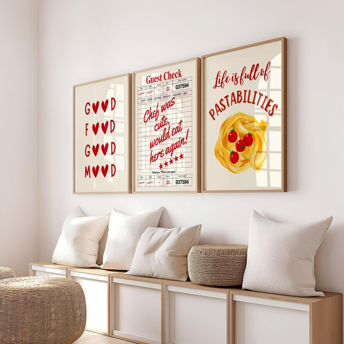 Aesthetic Kitchen Prints Set of 3 Life is Full of Pastabilities Red Kitchen Decor Kitchen Wall Art Typography Prints Trendy Kitchen Poster
