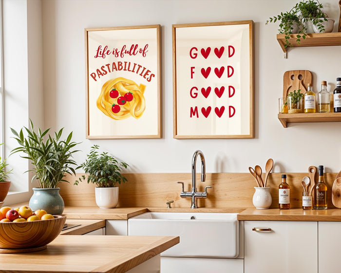 Aesthetic Kitchen Prints Set of 3 Life is Full of Pastabilities Red Kitchen Decor Kitchen Wall Art Typography Prints Trendy Kitchen Poster