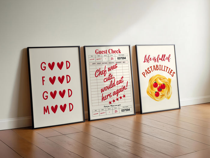 Aesthetic Kitchen Prints Set of 3 Life is Full of Pastabilities Red Kitchen Decor Kitchen Wall Art Typography Prints Trendy Kitchen Poster
