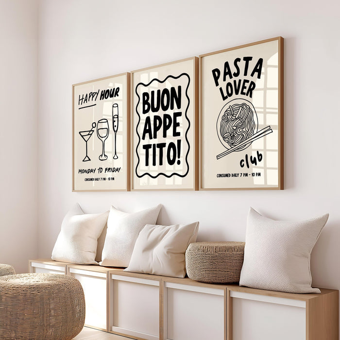 Kitchen Wall Art Set of 3, Pasta Lover Club Print, Buon Appetito Poster, Happy Hour Bar Art, Funny Dining Room Decor, Digital Download