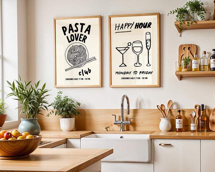 Kitchen Wall Art Set of 3, Pasta Lover Club Print, Buon Appetito Poster, Happy Hour Bar Art, Funny Dining Room Decor, Digital Download