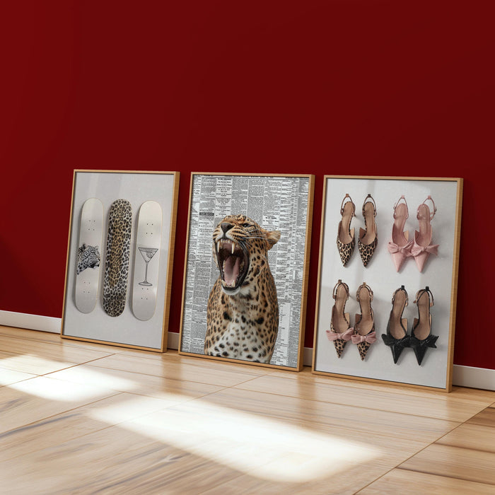 Leopard Fashion Wall Art Set, Chic Bow Heels Print, Martini Glass Poster Trio, Modern Glam Gallery Wall Decor, Stylish Bedroom Print DIGITAL