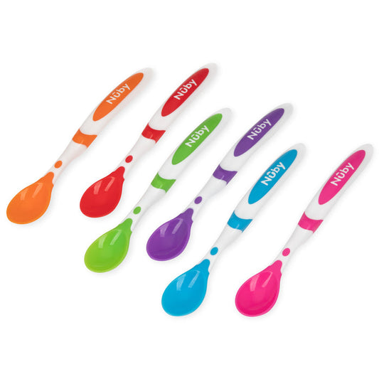 The Nuby Long Handle Weaning Spoons (6 Pack) feature white handles and six vibrant colors—orange, red, green, purple, blue, pink. Ideal for baby's first foods and dishwasher safe for easy cleaning.