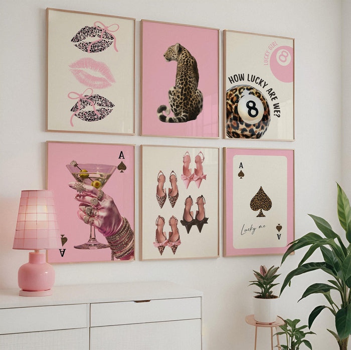 Pink Lucky Girl Wall Art Set, Leopard Fashion Prints, 8 Ball Poster, Martini Cocktail Art, High Heels Poster, Chic Gallery Wall Trendy Print