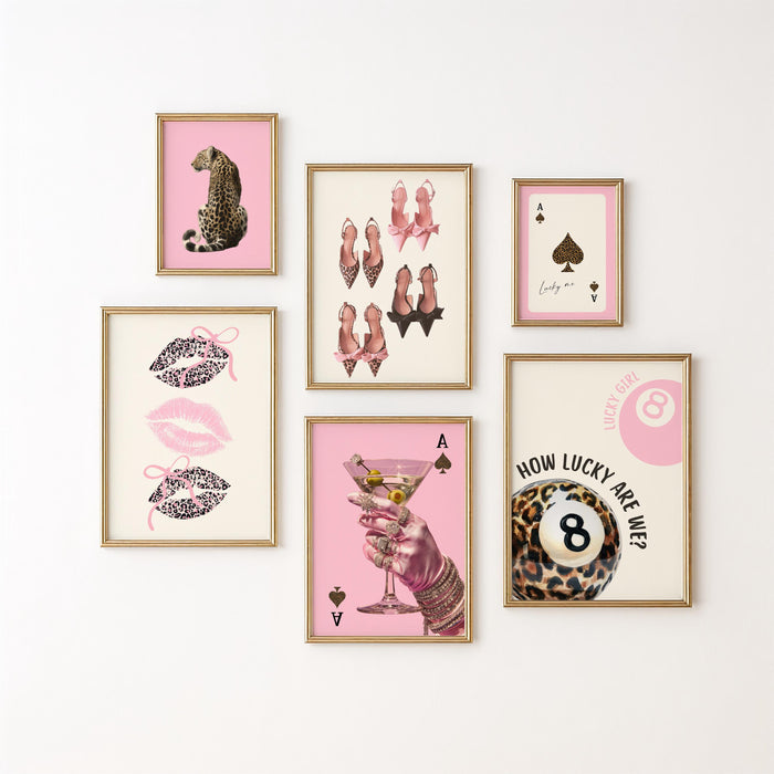 Pink Lucky Girl Wall Art Set, Leopard Fashion Prints, 8 Ball Poster, Martini Cocktail Art, High Heels Poster, Chic Gallery Wall Trendy Print