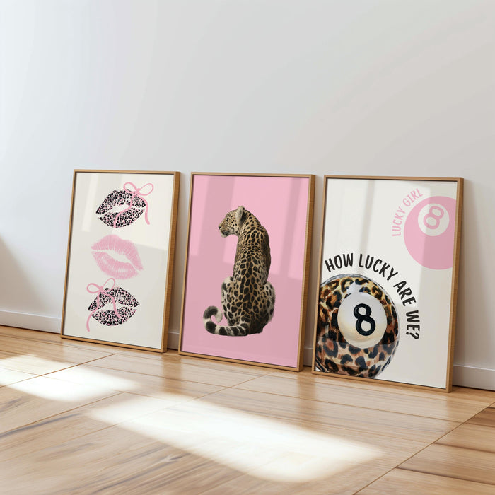 Pink Lucky Girl Wall Art Set, Leopard Fashion Prints, 8 Ball Poster, Martini Cocktail Art, High Heels Poster, Chic Gallery Wall Trendy Print