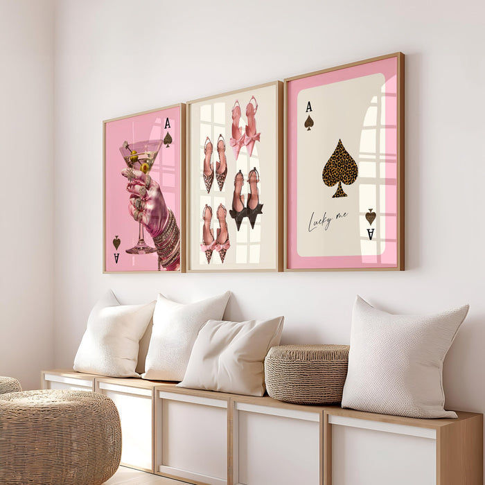Pink Lucky Girl Wall Art Set, Leopard Fashion Prints, 8 Ball Poster, Martini Cocktail Art, High Heels Poster, Chic Gallery Wall Trendy Print