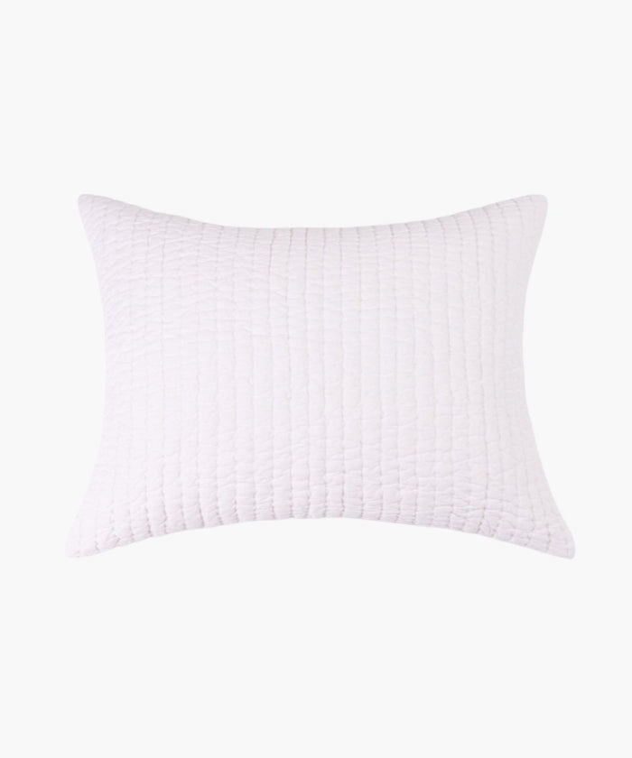 Flat lay of a Maegan Sham in white, featuring detailed hand Kantha quilting across the surface and a lightweight cotton voile finish. | Wildwood Home Co.
