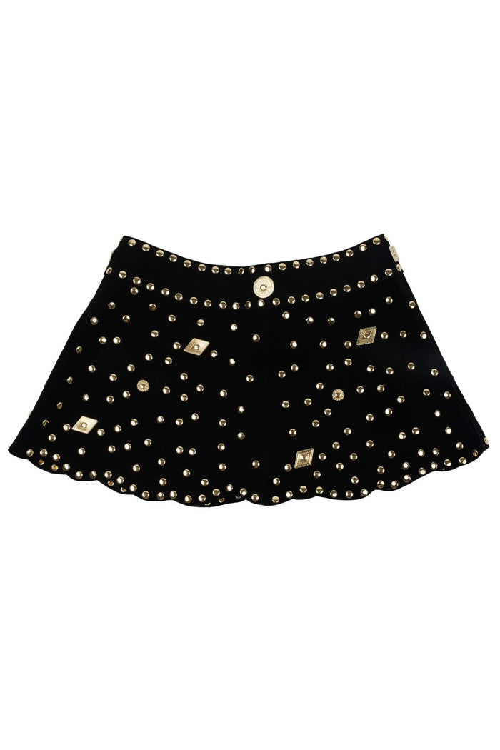 MARQUEE Jeffrey Campbell Mini Skirt Black Suede Gold