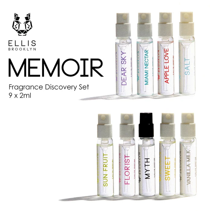 Dear Sky Eau De Parfum 1.5ml Vial, Miami Nectar Eau De Parfum 1.5ml Vial, Apple Love Eau De Parfum 1.5ml Vial, Salt Eau De Parfum 1.5ml Vial, Sun Fruit Eau De Parfum 1.5ml Vial, Florist Eau De Parfum 1.5ml Vial, Myth Eau De Parfum 1.5ml Vial,  Sweet Eau De Parfum 1.5ml Vial, and Vanilla Milk Eau De Parfum 1.5ml Vial, on white background with black Ellis Brooklyn logo and black text that reads "Memoir Fragrance Discovery Set 9 x2ml".
